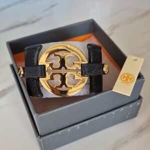 Tory Burch Black Leather Cuff with Gold Logo Medallion